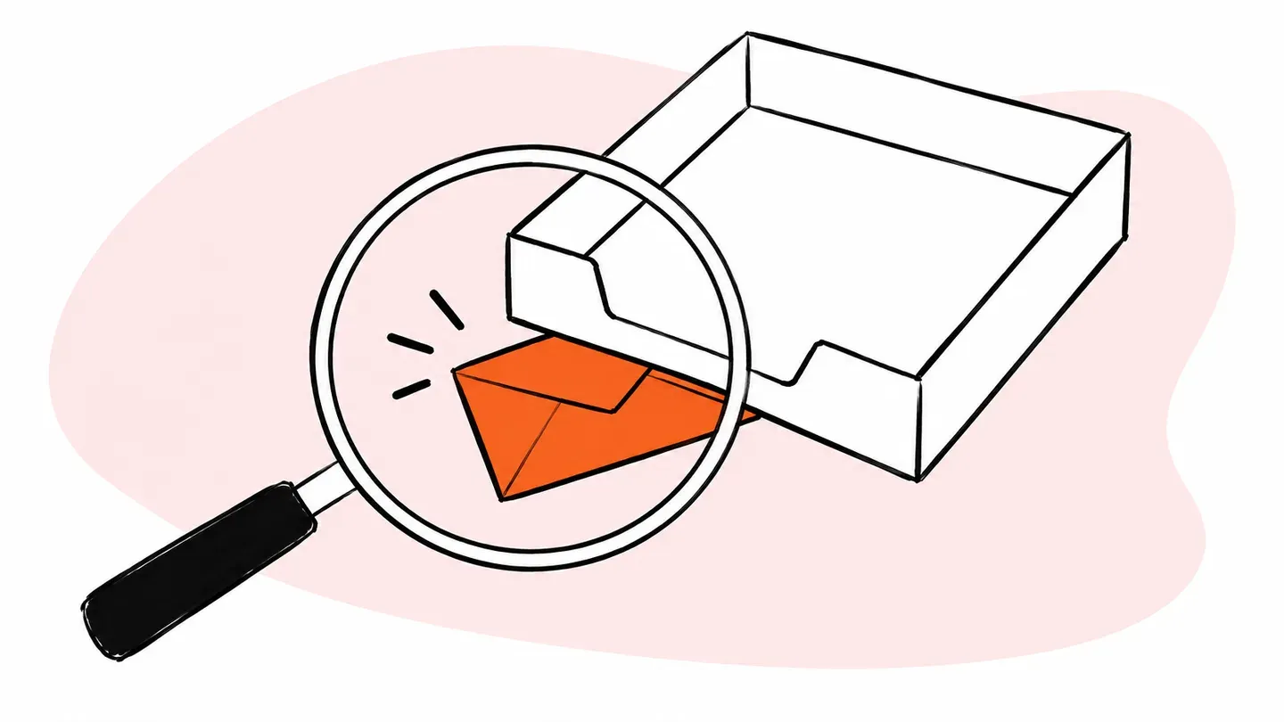 An orange envelope beneath an inbox tray, revealed by a magnifying glass.