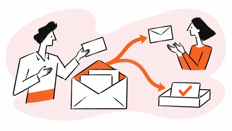 A coordinator routes shared email to a teammate and a tray marked with a checkmark.