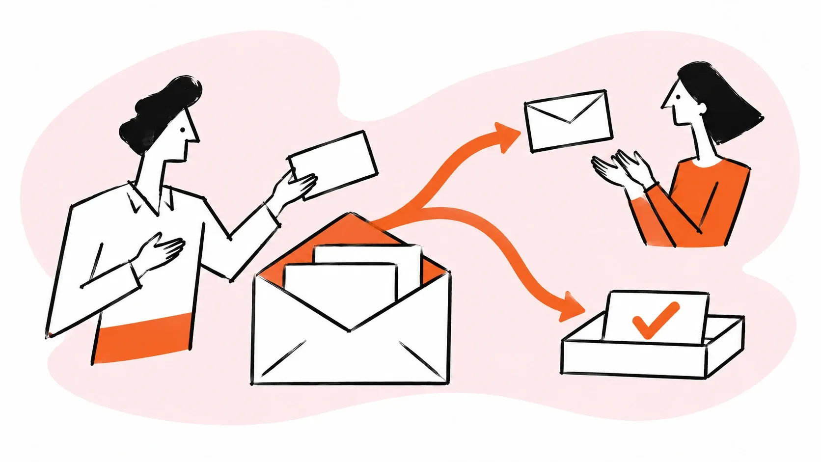 A coordinator routes shared email to a teammate and a tray marked with a checkmark.