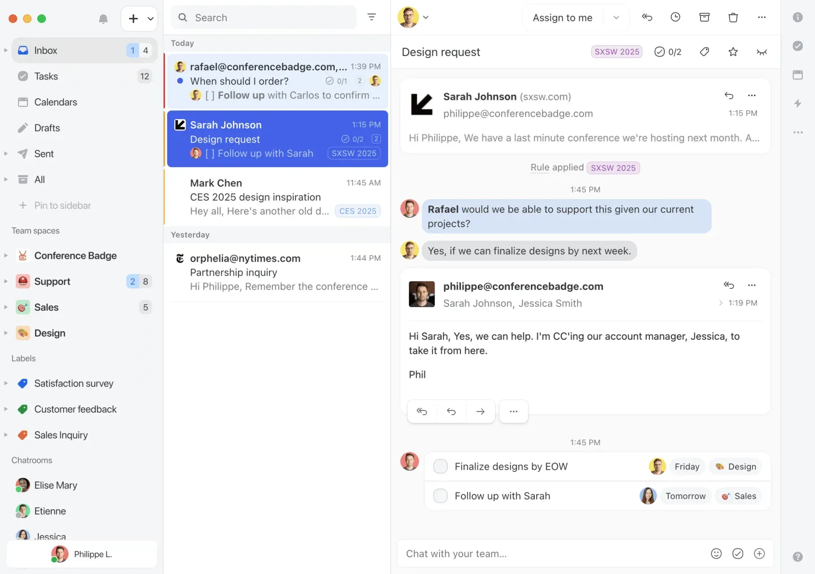 Missive’s team inbox showing a customer email with internal chat messages and assigned tasks in the same conversation