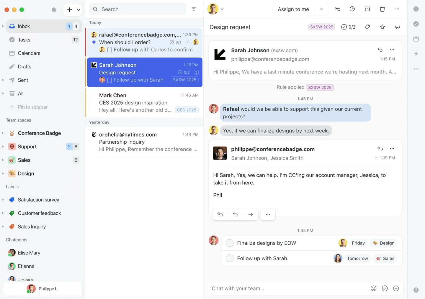 Missive customer email with internal chat and task controls beside the conversation.