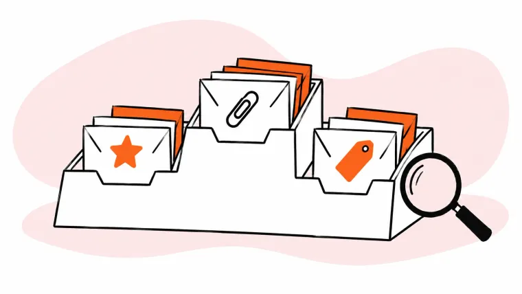 A three-compartment inbox organizer groups envelopes by star, attachment, and tag beside a magnifying glass.