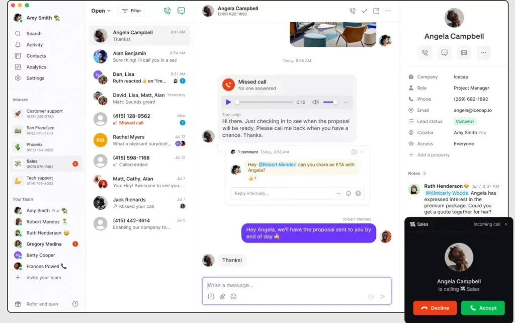 Quo shared phone inbox with a call transcript, internal teammate comment, text messages, and an incoming call.