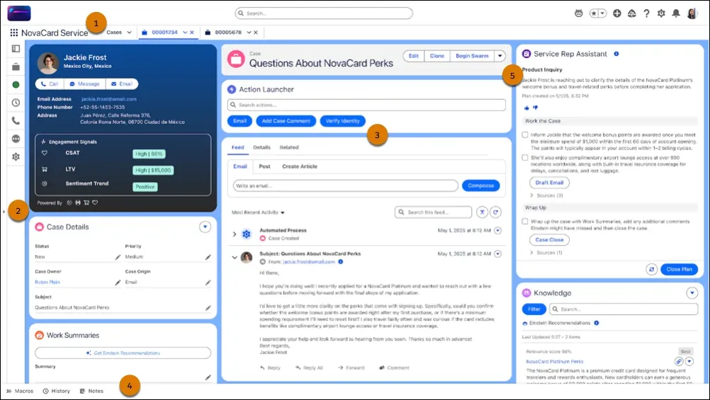 Salesforce Service Console showing a customer case, contact details, case feed, knowledge, and Service Rep Assistant.