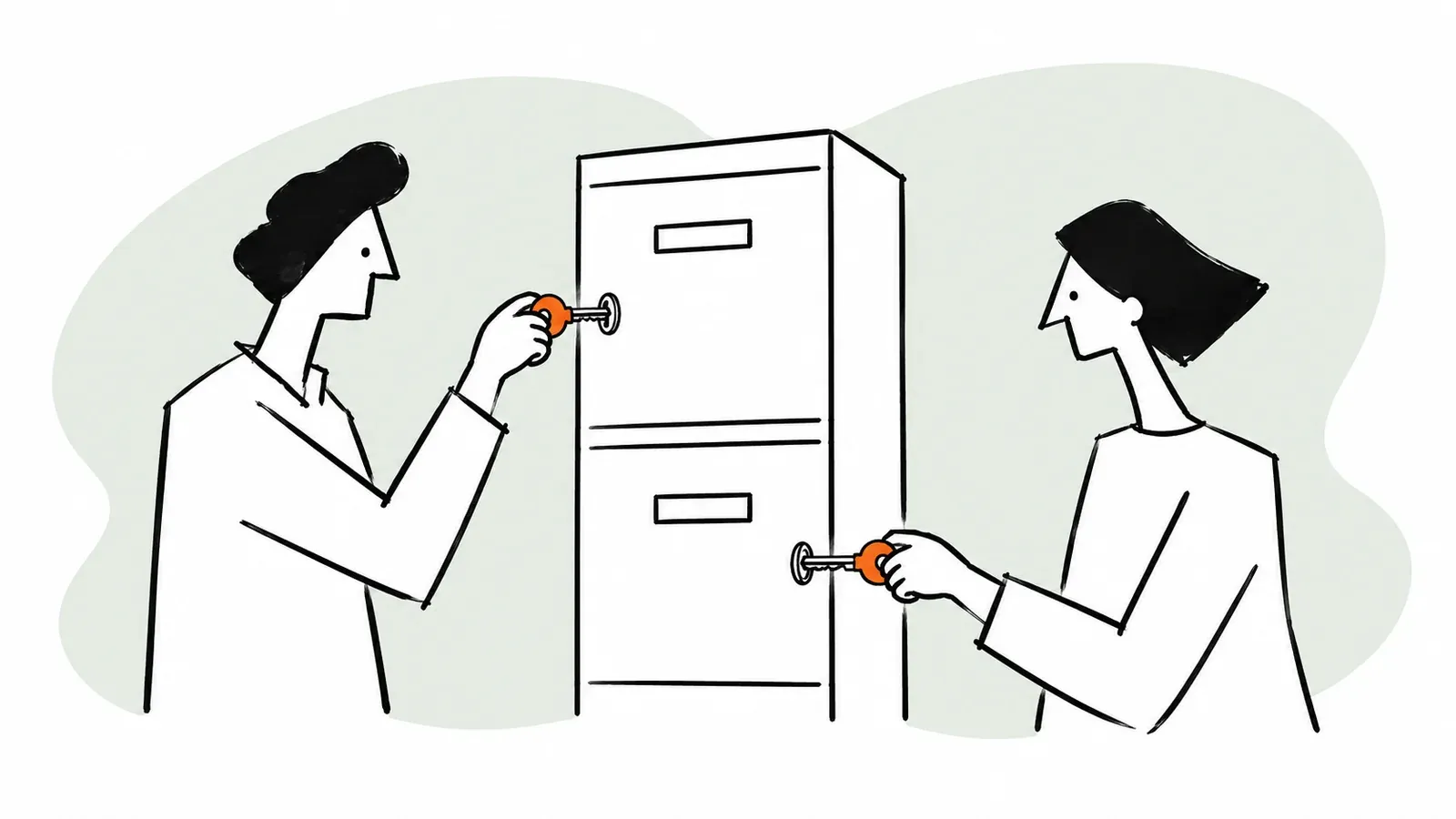 Two teammates use separate keys to access a shared filing cabinet.
