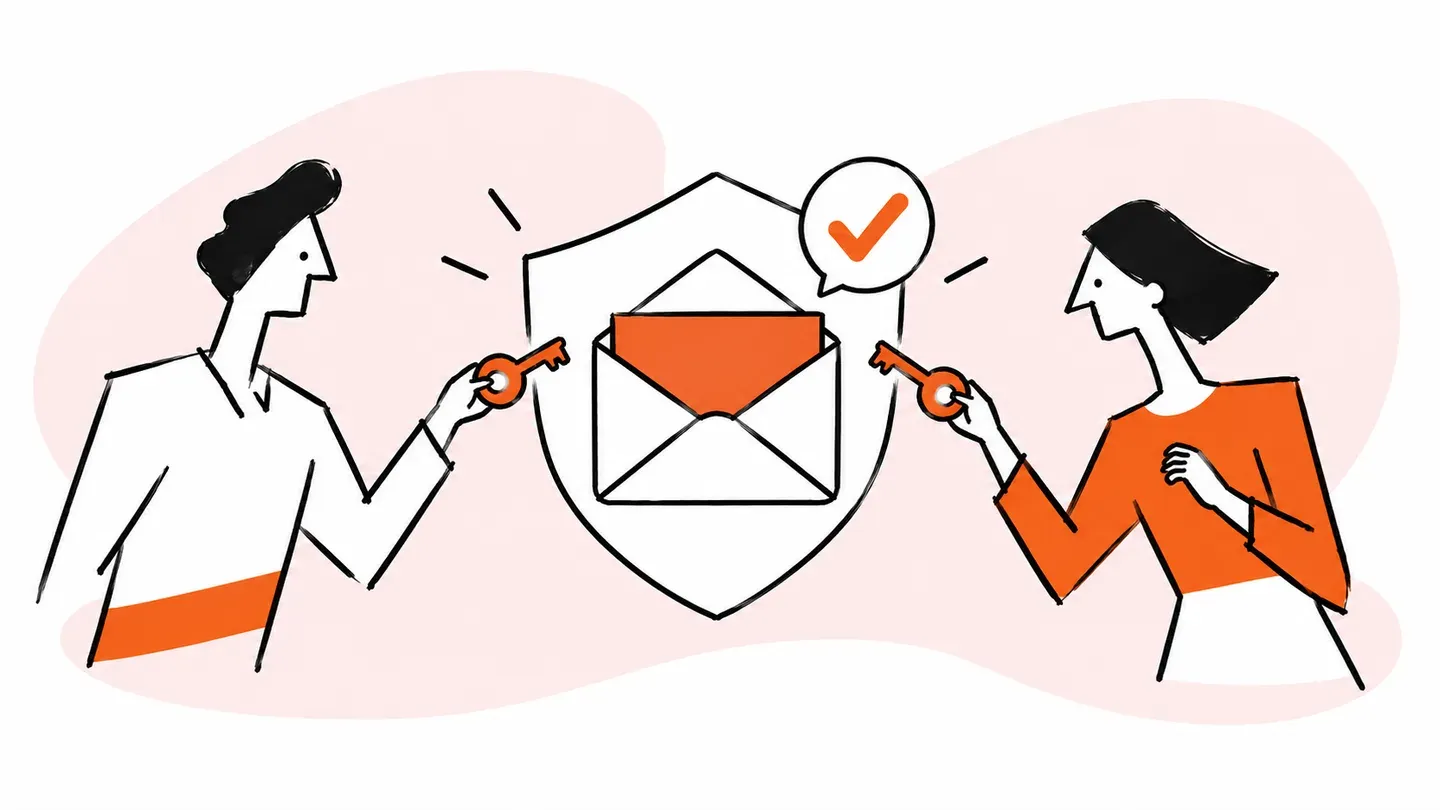 Two teammates hold individual keys beside a shared envelope protected by a shield.