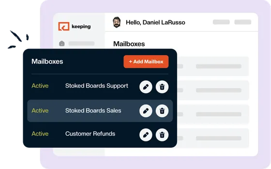 A shared support@ mailbox open inside Gmail with Keeping