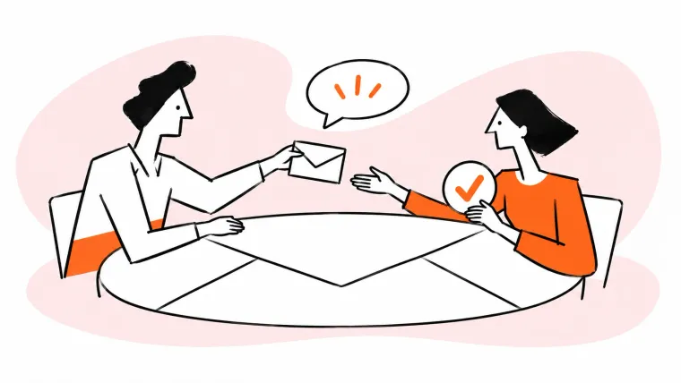 Two teammates exchange a message across an envelope-shaped table, with a checkmark showing ownership.