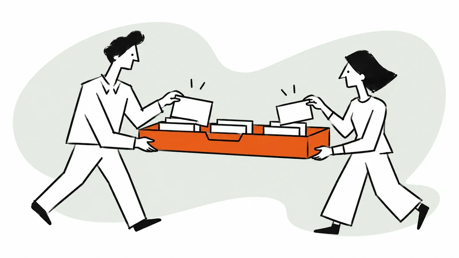 Two teammates carry one orange inbox tray while handling separate messages.