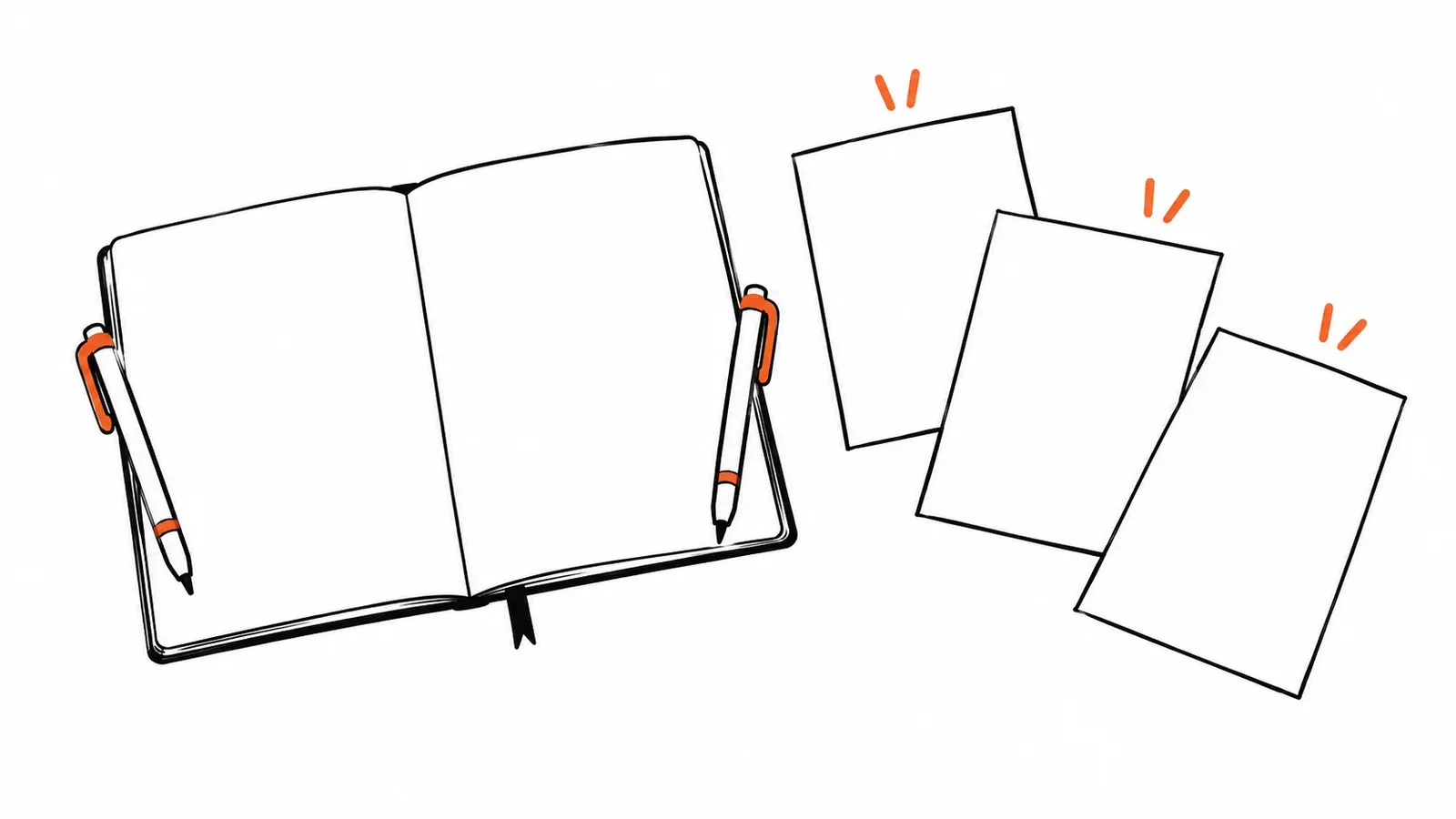 An open ledger with two pens beside three separate sheets, illustrating shared work versus individual copies.