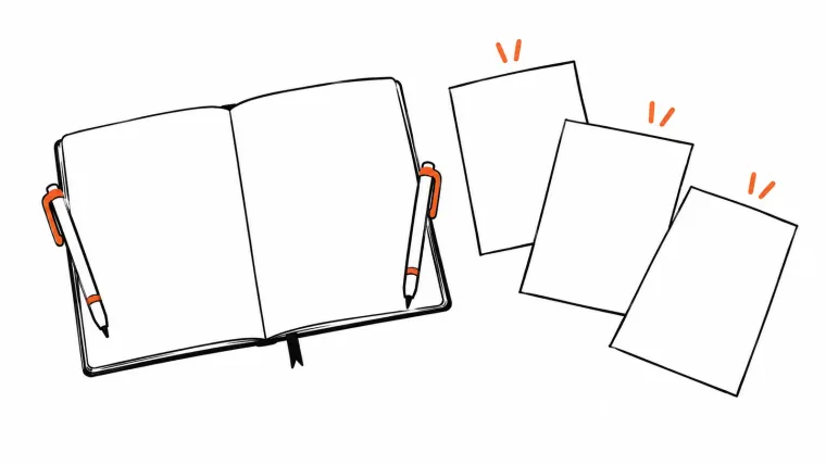 An open ledger with two pens beside three separate sheets, illustrating shared work versus individual copies.