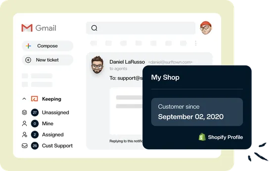 A Shopify customer panel in Gmail showing the date the customer first bought