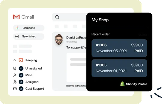 Recent Shopify orders with their amounts and paid status listed beside a customer email