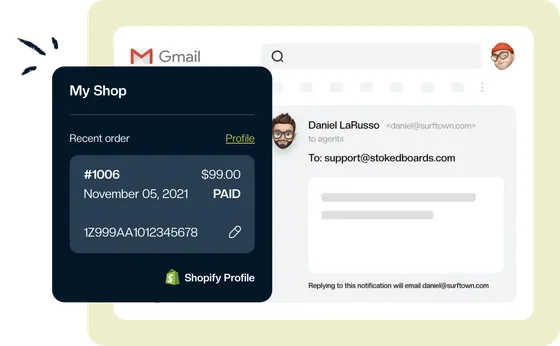 A Shopify order and its tracking number, with a copy button, shown beside a customer email