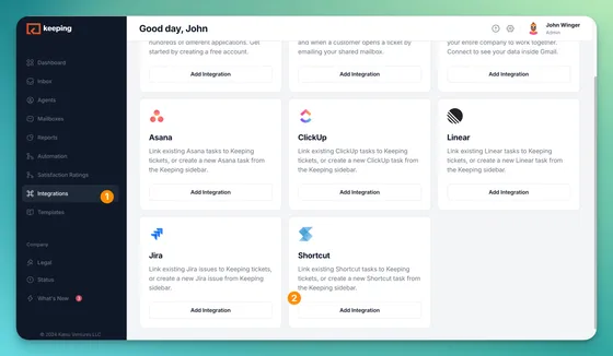 The Integrations page in Keeping, with numbered markers on the Integrations menu item and the Add Integration button on the Shortcut card