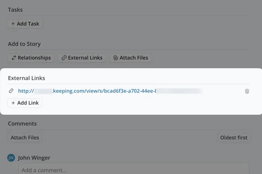 A Shortcut story with a Keeping ticket link listed under External Links