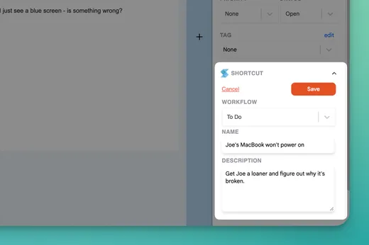 The Shortcut section of the Keeping sidebar with Workflow, Name and Description fields filled in for a new story