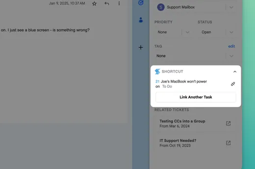 The Keeping sidebar showing linked Shortcut story 21, Joe’s MacBook won’t power on, in the To Do state, with a Link Another Task button
