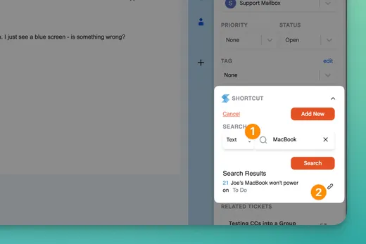 Searching Shortcut for “MacBook” from the Keeping sidebar, with a matching story and its link icon in the results