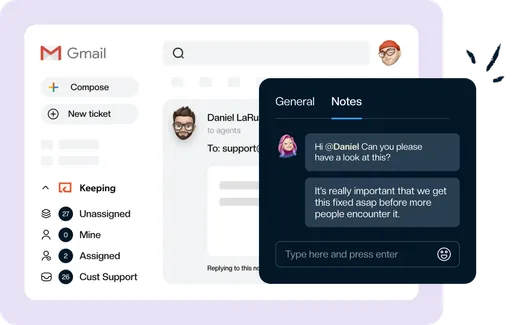 Keeping’s notes panel beside a customer email in Gmail.