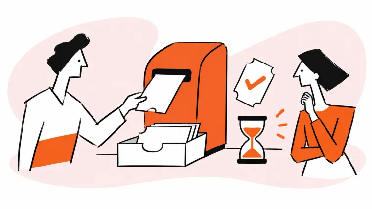 A person takes a blank ticket from a dispenser beside an inbox tray, hourglass, and resolved ticket.