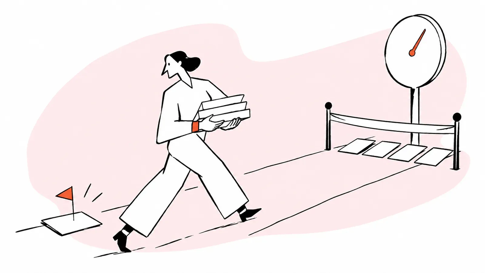 A support agent carries a stack of letters toward a finish line below a wall clock, where several letters already lie across the line, while one letter left behind on the track has a small orange flag planted in it.