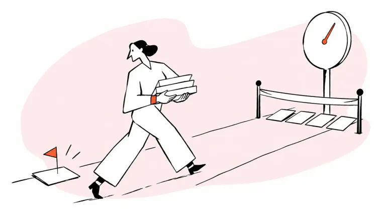 A support agent carries a stack of letters toward a finish line below a wall clock, where several letters already lie across the line, while one letter left behind on the track has a small orange flag planted in it.