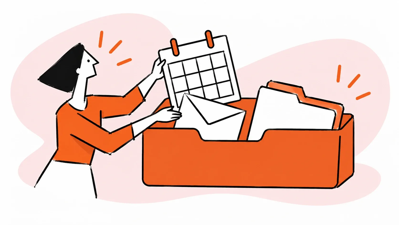A business owner places a blank calendar, envelope, and folder into an orange organizer.
