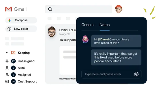 Internal notes beside a Gmail conversation, including a mention asking Daniel to help.