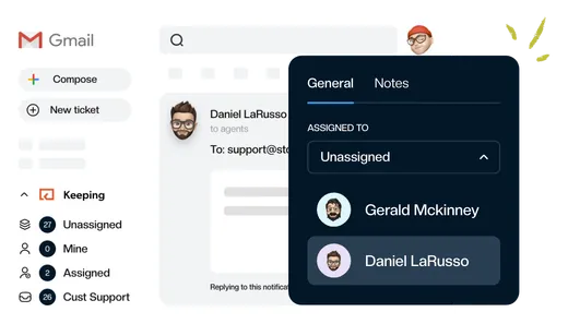 An email being assigned to a teammate from inside Gmail
