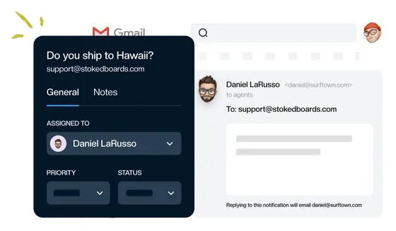 Keeping’s conversation panel in Gmail with assignee, priority, and status controls.