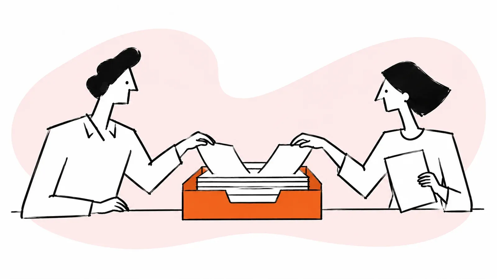 Two teammates reach toward the same stack of papers in an orange shared tray.