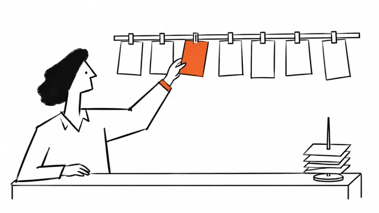 A person pulls one orange paper slip off a long rail of request slips, while finished slips sit stacked on a spike at the end of the counter.
