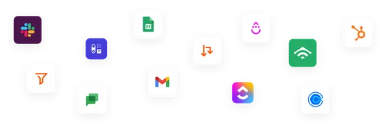 App logos including Slack, Gmail, Google Sheets, HubSpot and ClickUp — tools Zapier can connect to Keeping