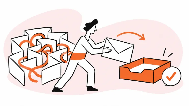 A person moves customer email from a complicated maze into a simple inbox.