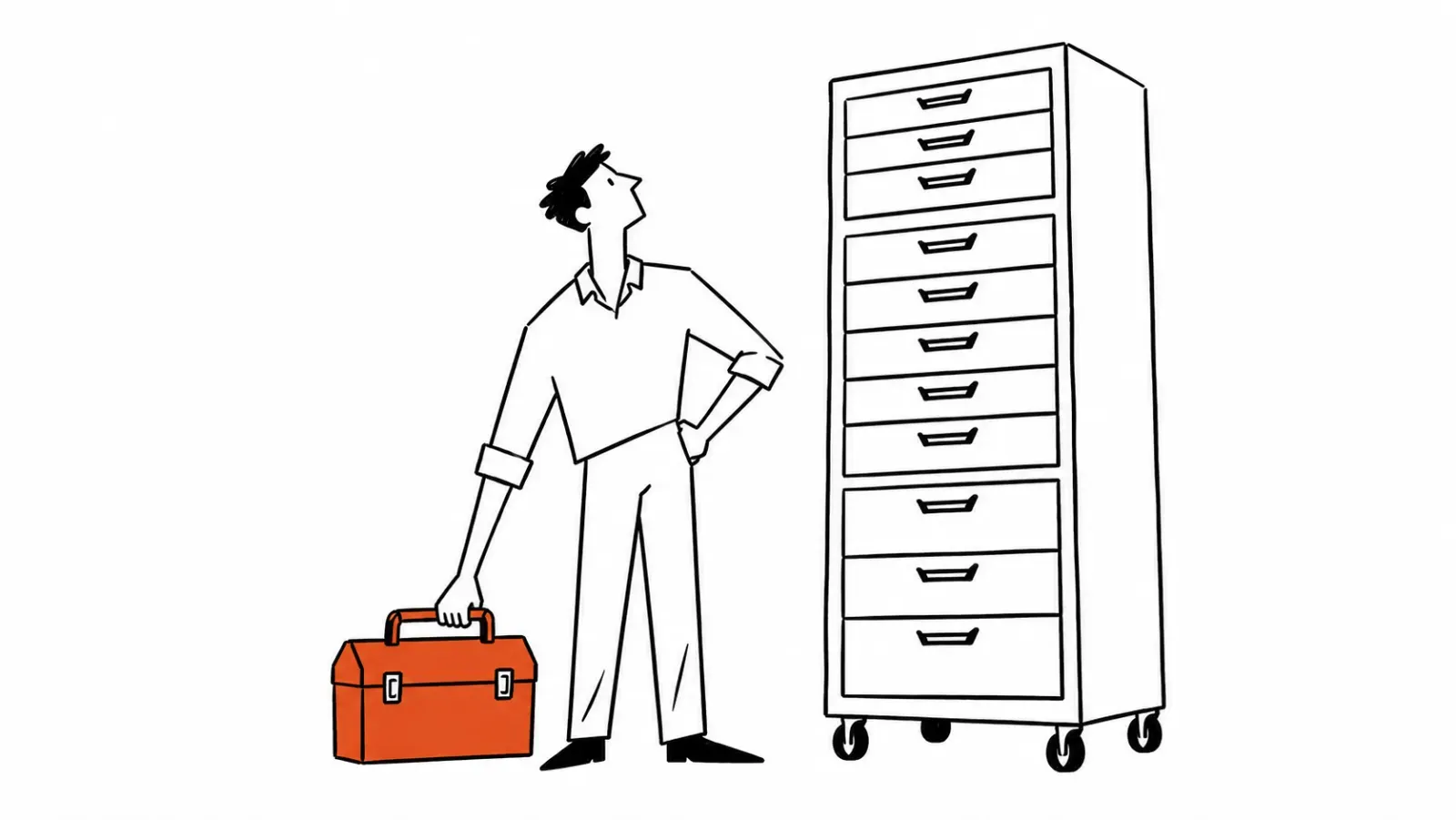 A person holding the handle of a small orange toolbox looks up at a towering rolling tool cabinet with many drawers, weighing which one to take.