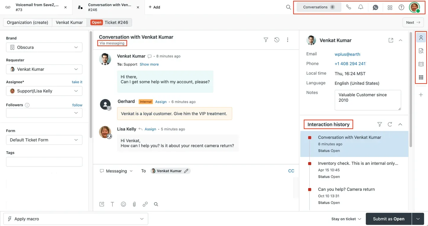 Zendesk Agent Workspace with a support conversation, ticket fields, customer details, and interaction history.