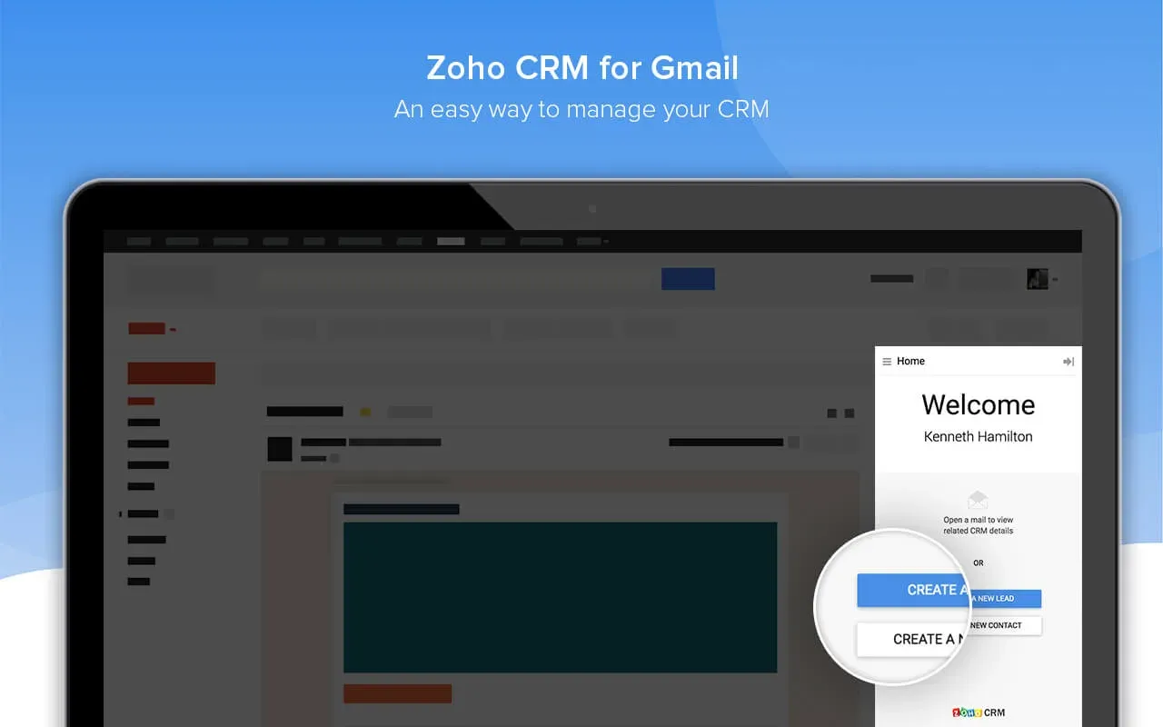 Zoho CRM for Gmail panel open beside the inbox, with buttons to create a new lead or contact