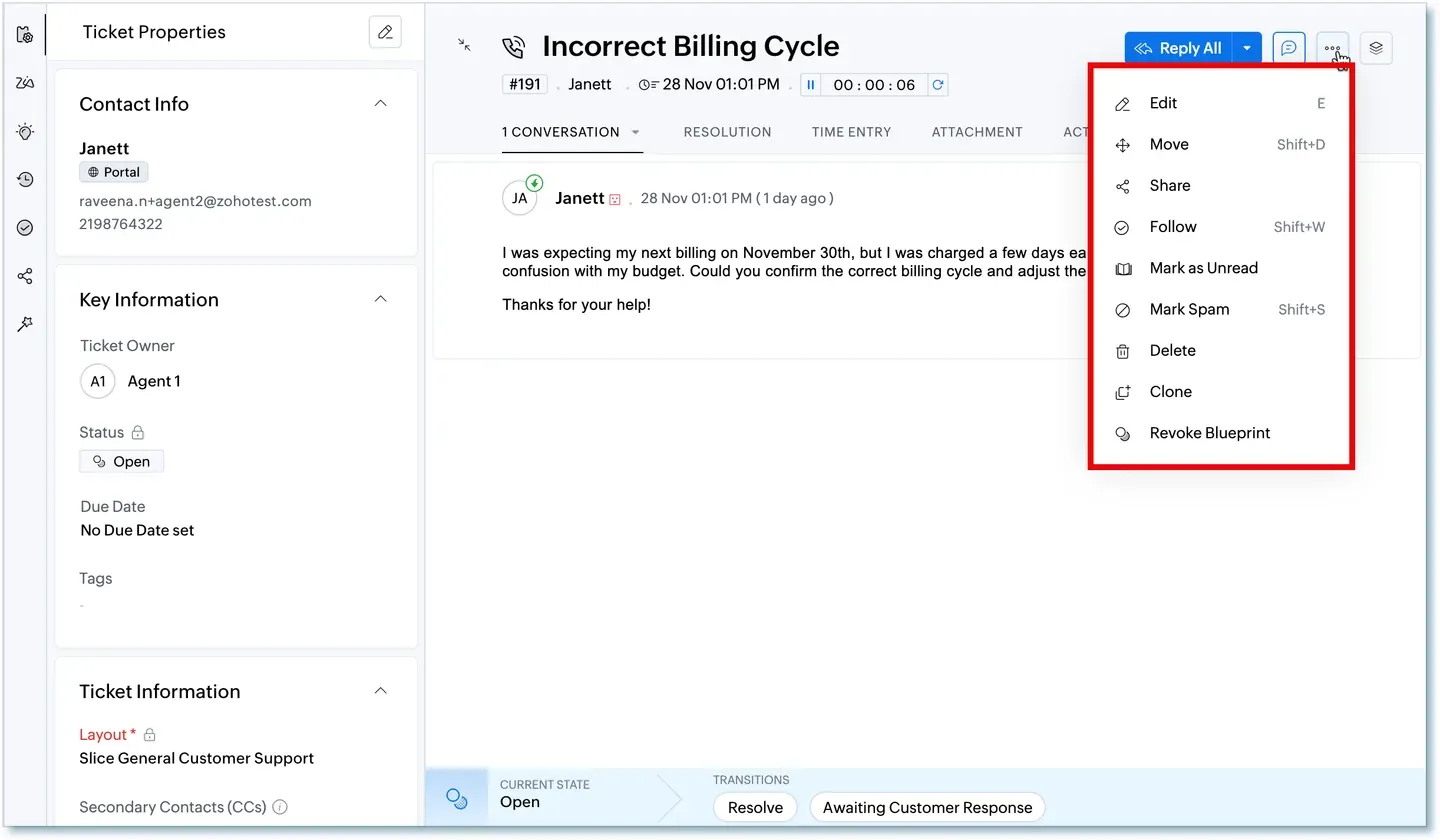 Zoho Desk billing ticket with customer information, ticket properties, and the ticket actions menu.