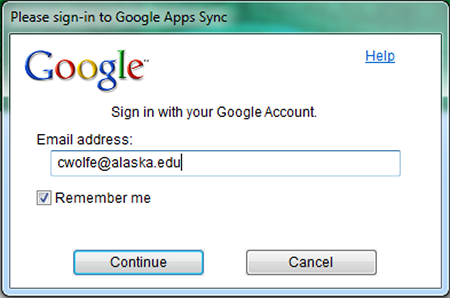 Google Apps Sync for Microsoft Outlook login screen
