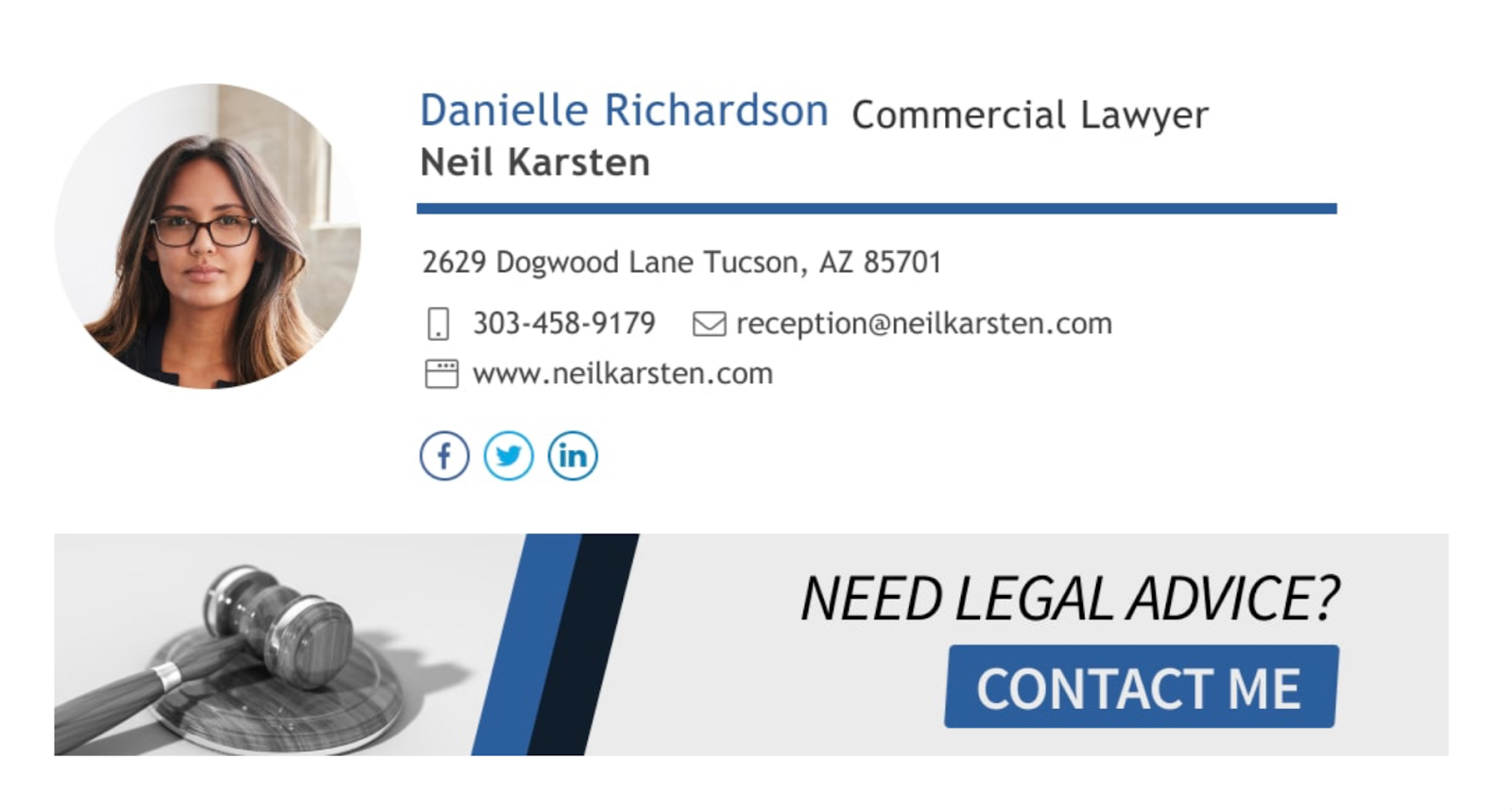 Gmail signature example for a lawyer showing credentials, firm name, headshot, and confidentiality disclaimer.