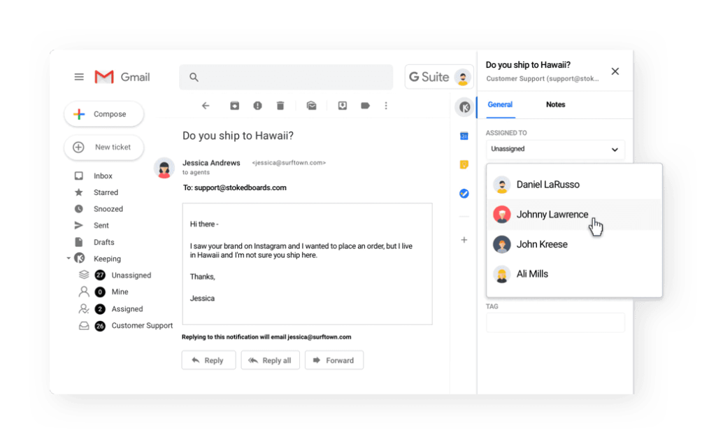 Screenshot of a shared inbox in Gmail.