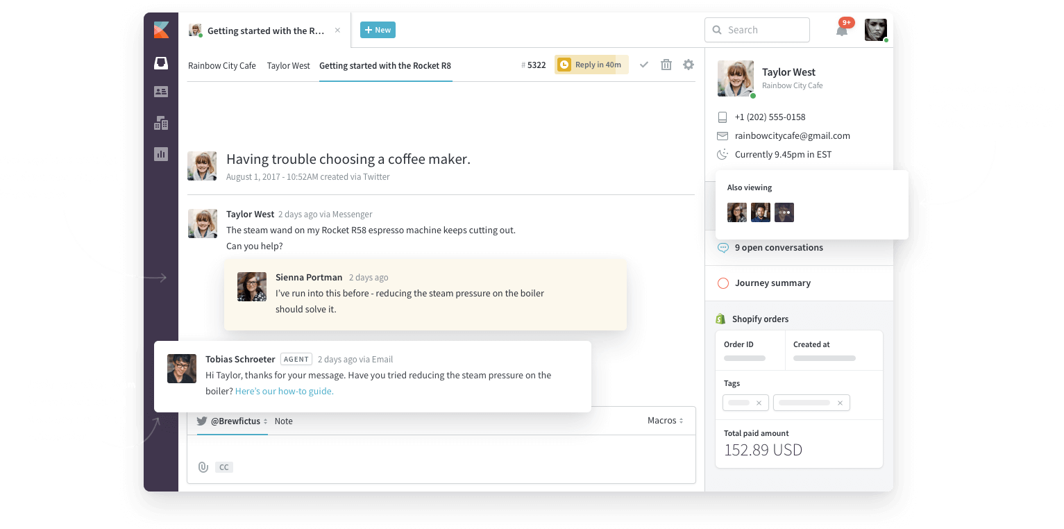 A screenshot of customer - agent conversation in a help desk tool.