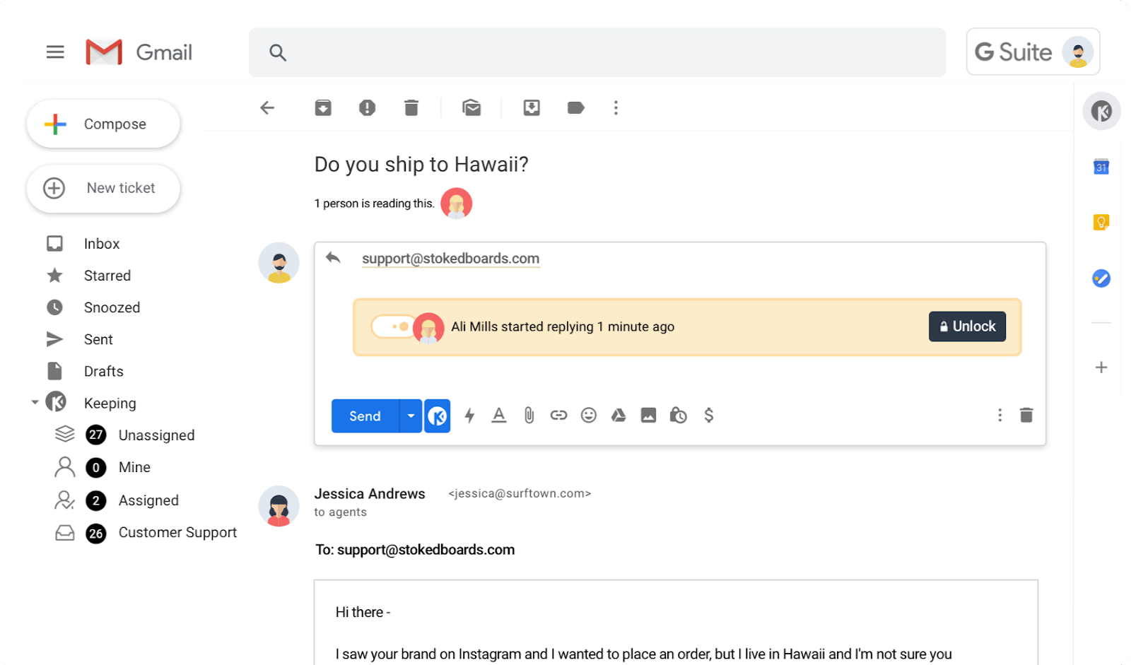 A screenshot of a help desk software within Gmail.