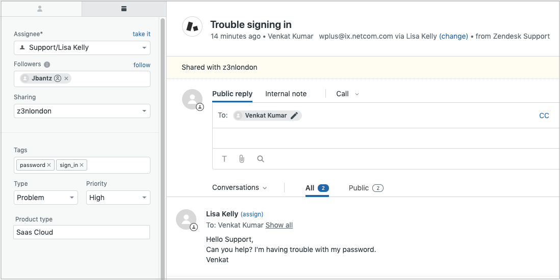 Zendesk ticket Trouble signing in, with assignee, tags, type and priority fields beside the reply editor