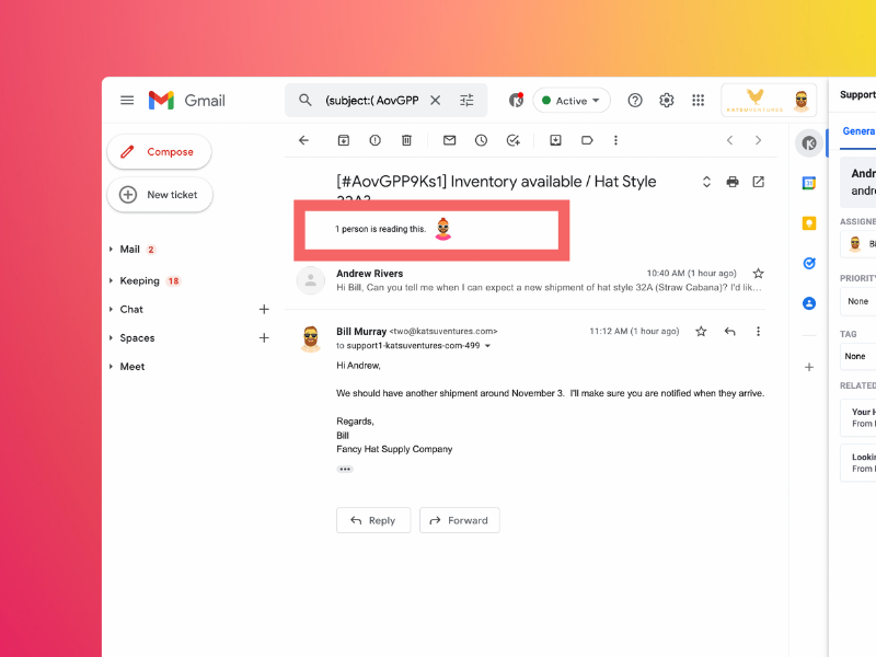 An image showing a shared inbox being used by two agents.