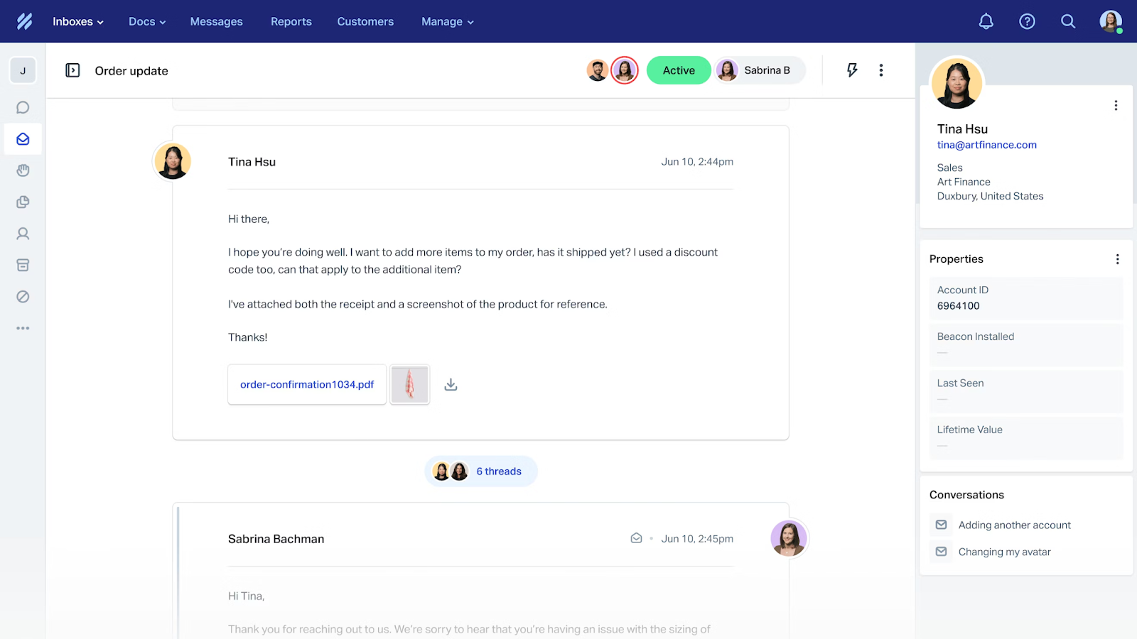 Screenshot of HelpScout shared inbox