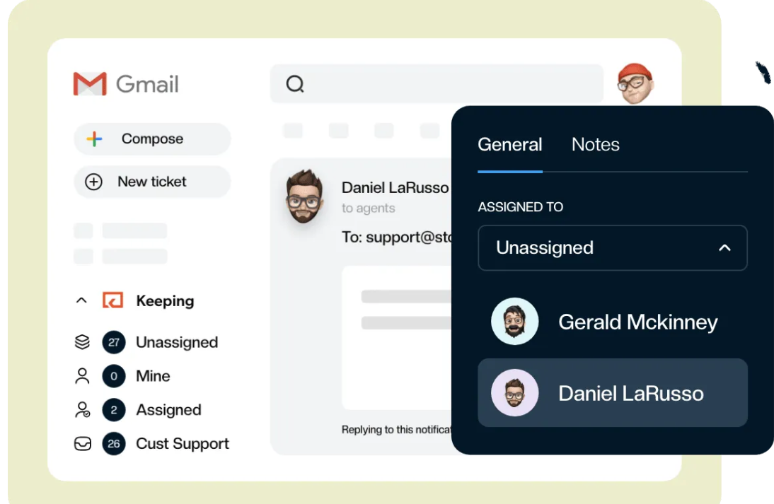 Ticket tracking and assignment feature in email collaboration platform. 