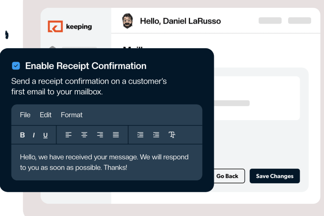 Confirmation receipt tracking in a shared inbox tool like Keeping.