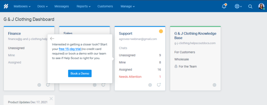 Screenshot of Helpscout email support platform.